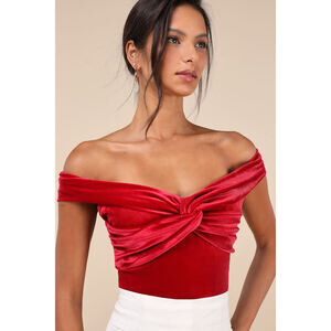 Lulus Ideal Attraction Red Velvet Off-the-shoulder Top - Size M